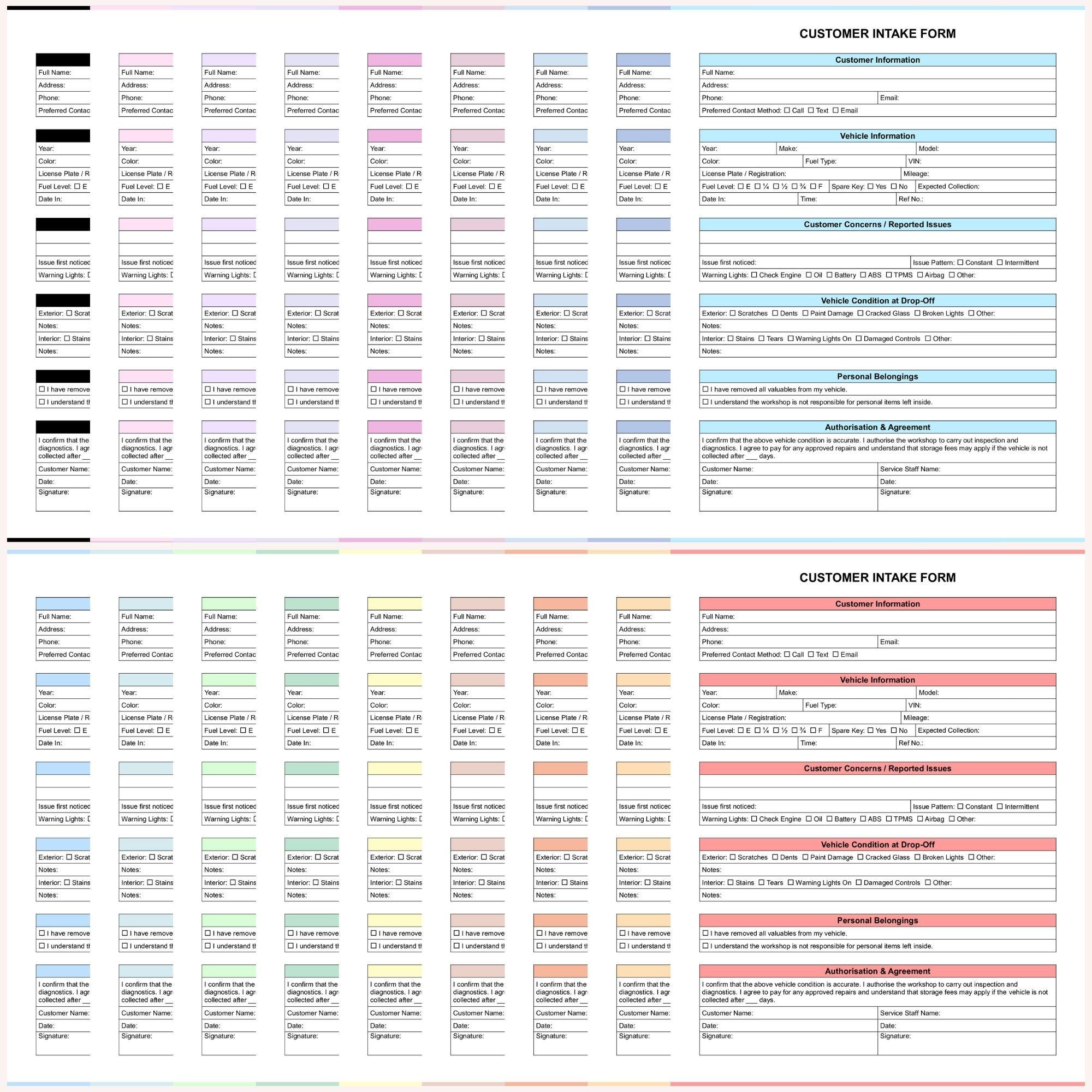 Vehicle Intake Form Example Editable Customer Intake Form, Printable Vehicle Check in Sheet, Garage ...