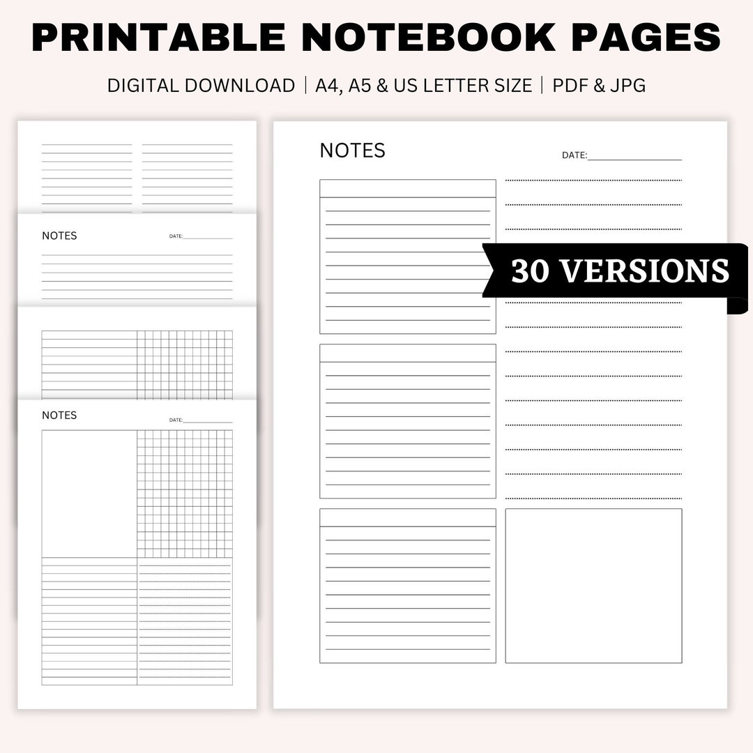 Printable Notebook Pages, Note Taking Templates, Notes Planner, Lined ...