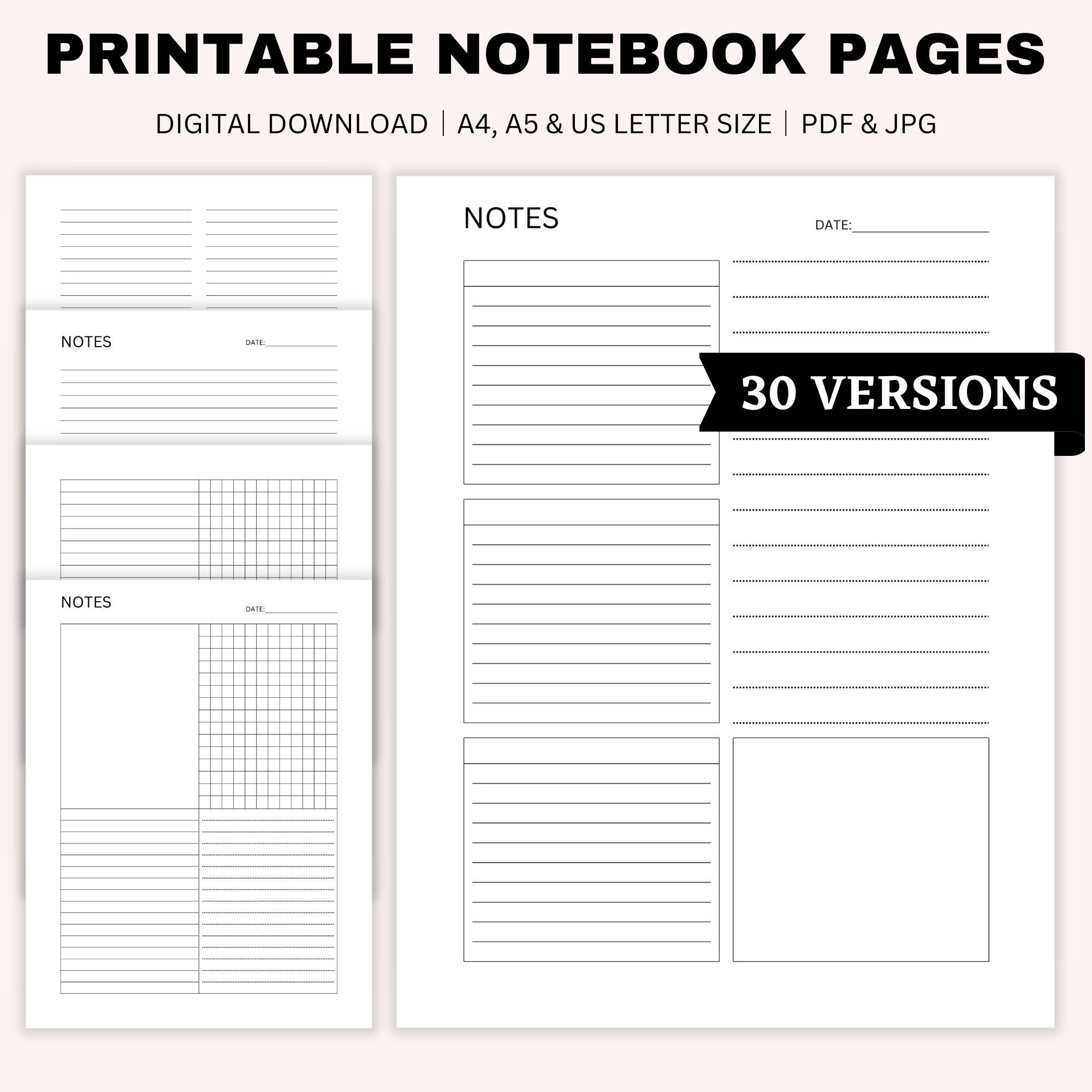 Printable Notebook Pages, Note Taking Templates, Notes Planner, Lined Paper, Writing Paper, Planner Pages, A4, A5, US Letter Size,