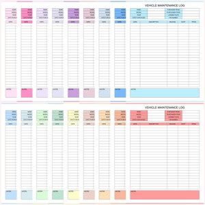 May include: A printable vehicle maintenance log with space to record information about up to 10 vehicles. The log includes sections for make, model, year, date purchased, purchase price, purchased from, license plate, VIN number, description, mileage, shop, and price. The log is divided into two sections, each with a light blue header and a light pink footer.