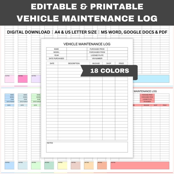 Editable Vehicle Maintenance Log, Printable Vehicle Repairs Log, Car Service Log, Mechanic Log, Vehicle Tracker Word, GDocs, PDF, A4, Letter