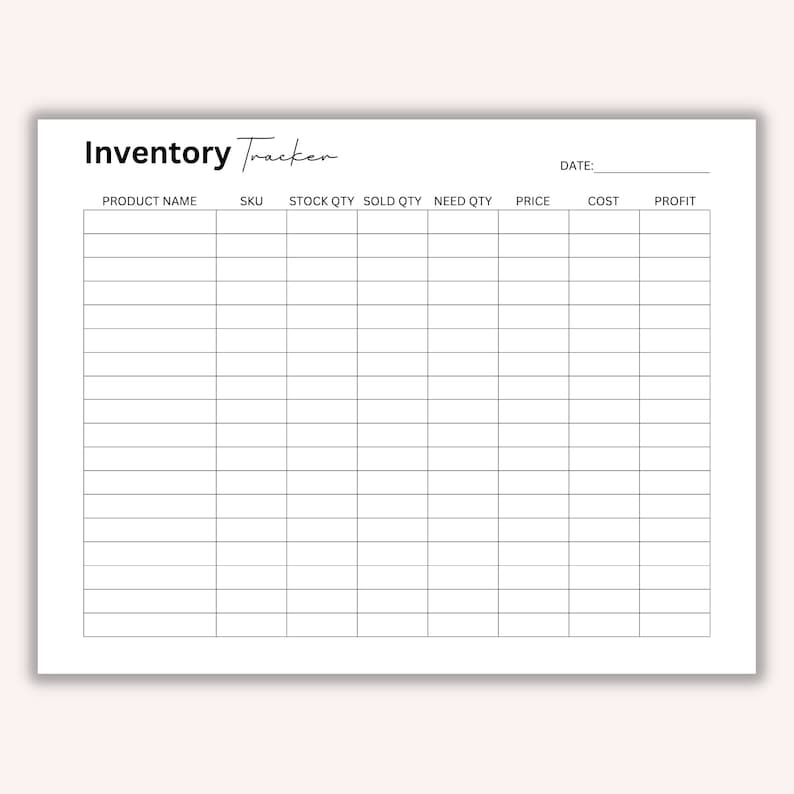 May include: A blank inventory tracker spreadsheet with columns for product name, SKU, stock quantity, sold quantity, need quantity, price, cost, and profit.