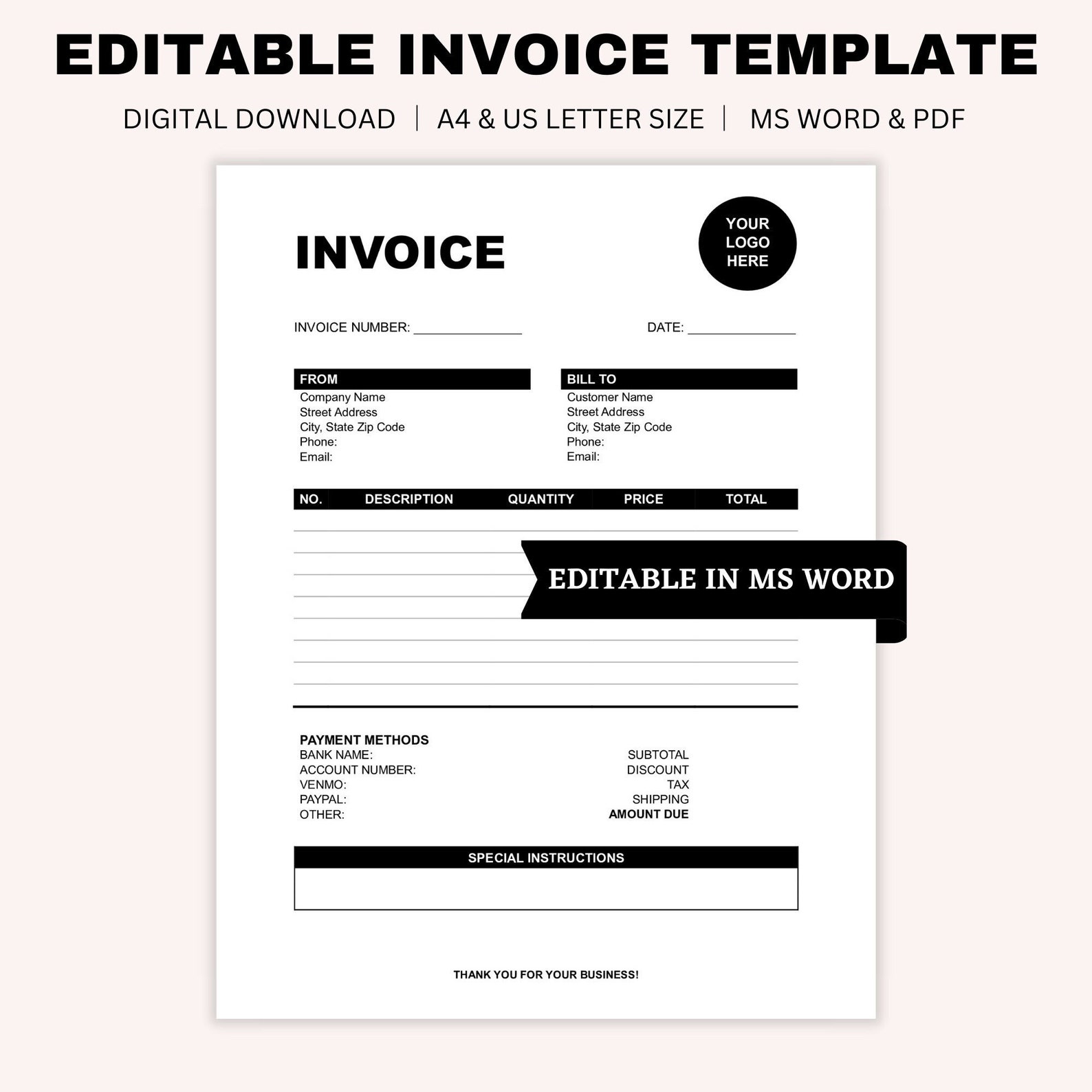 Editable Invoice Template, Business Invoice, Custom Invoice, Payment ...