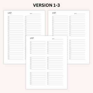 Op de afbeelding: Drie afdrukbare checklistpagina's met het woord "LIJST" en "DATUM" bovenaan elke pagina. Elke pagina heeft 25 lege regels met een cirkel naast elke regel om items af te vinken.