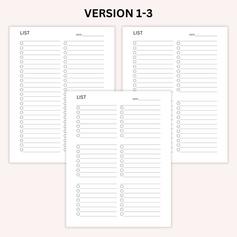 Op de afbeelding: Drie afdrukbare checklistpagina's met het woord "LIJST" en "DATUM" bovenaan elke pagina. Elke pagina heeft 25 lege regels met een cirkel naast elke regel om items af te vinken.