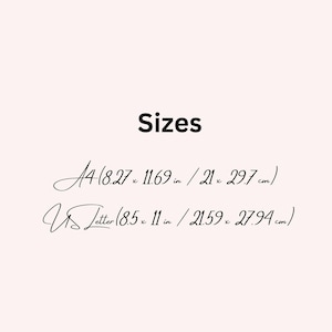 May include: A light pink background with the word "Sizes" in black. Below, the image lists A4 paper size as 8.27 x 11.69 inches (21 x 29.7 cm) and US Letter size as 8.5 x 11 inches (21.59 x 27.94 cm).