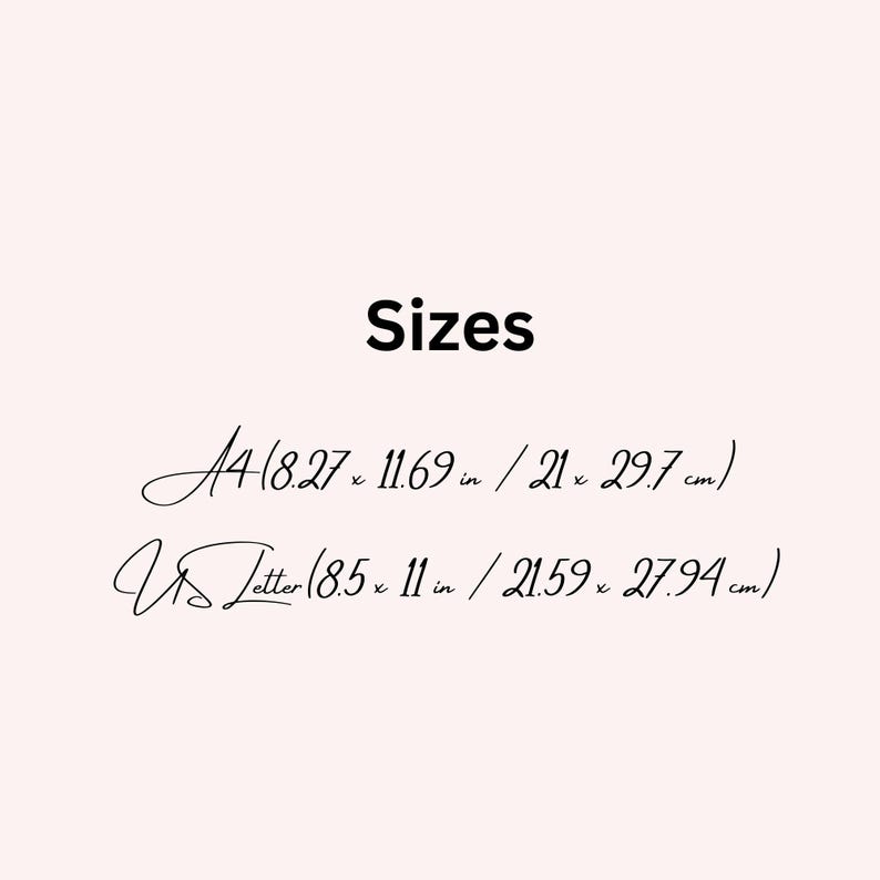 May include: A light pink background with the word "Sizes" in black. Below, the image lists A4 paper size as 8.27 x 11.69 inches (21 x 29.7 cm) and US Letter size as 8.5 x 11 inches (21.59 x 27.94 cm).