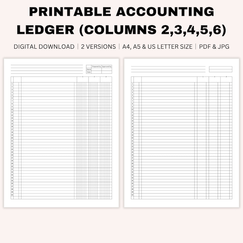 Printable Blank Accounting Ledger, Money Ledger, Bookkeeping, General