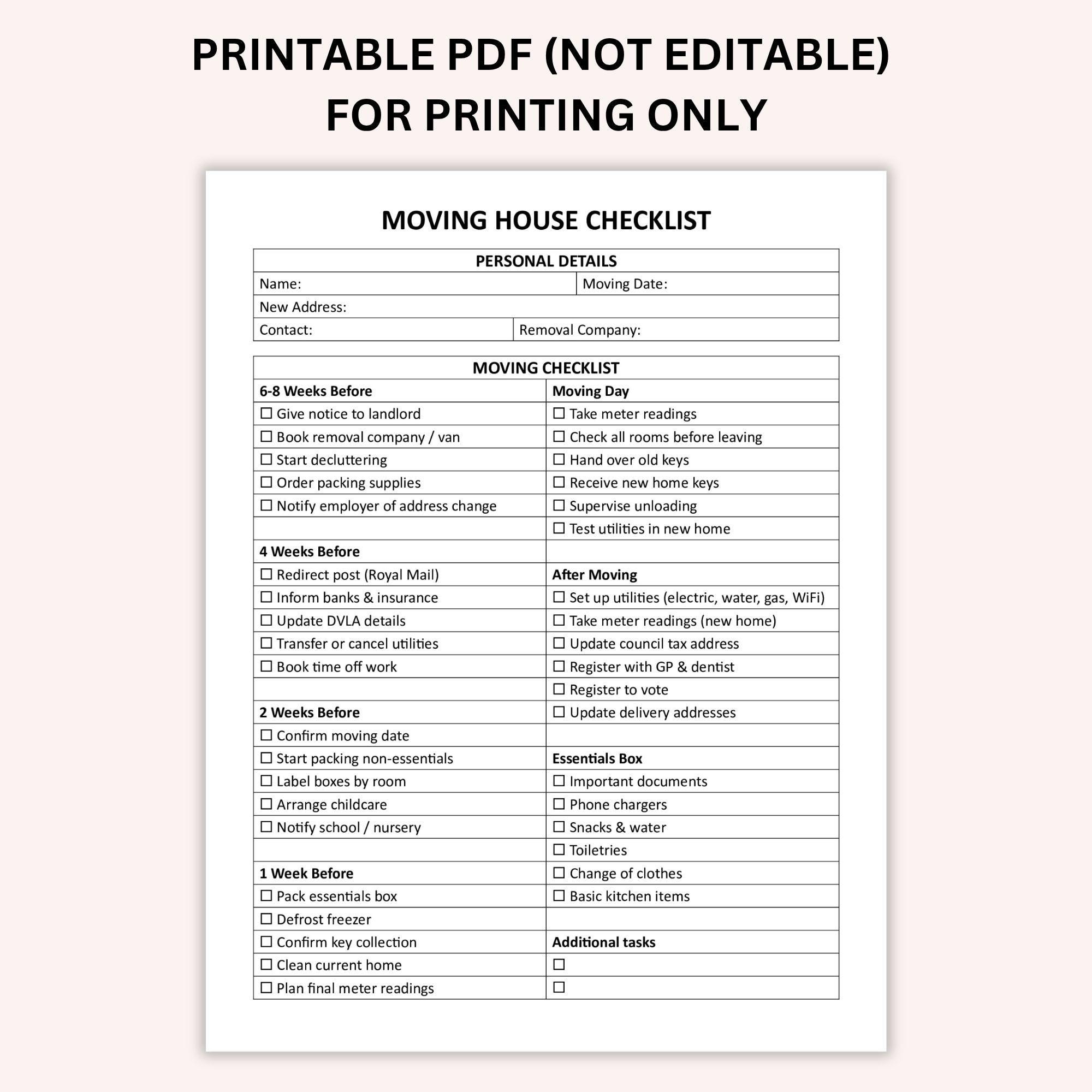Editable Moving House Checklist UK, Printable Home Moving Planner ...