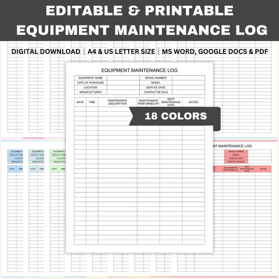 Editable Equipment Maintenance Log, Printable Maintenance Schedule, Equipment Repair Log, Mechanic Log, Word, GDocs, PDF, A4, Letter