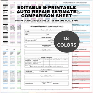 May include: Printable auto repair estimate comparison sheet. The document includes sections for customer and vehicle information, estimate details, and repair descriptions. Available in A4 and US letter sizes, with 18 colour options.