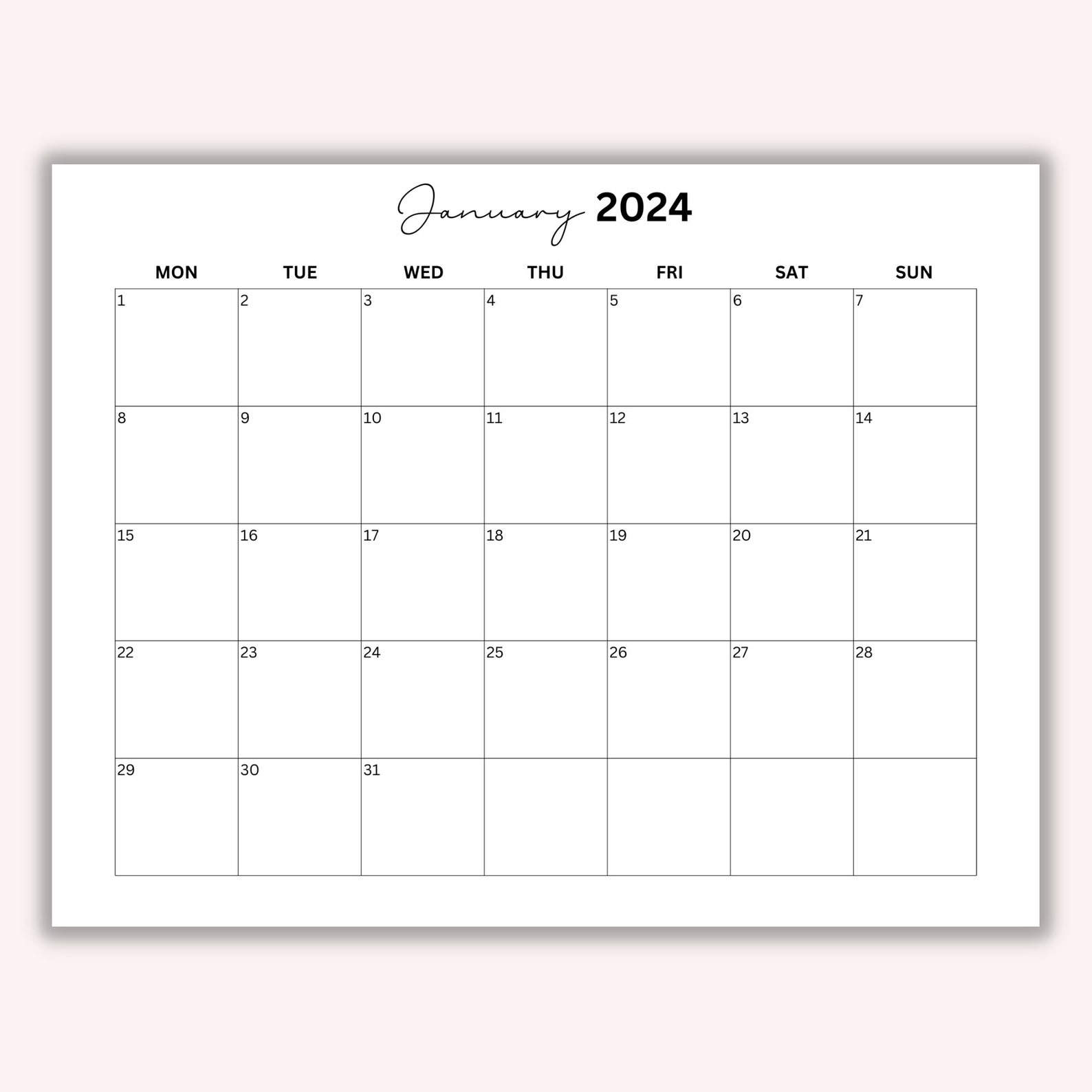 Printable 2024 Monthly Calendar Landscape, Year Calendar, Minimalist ...