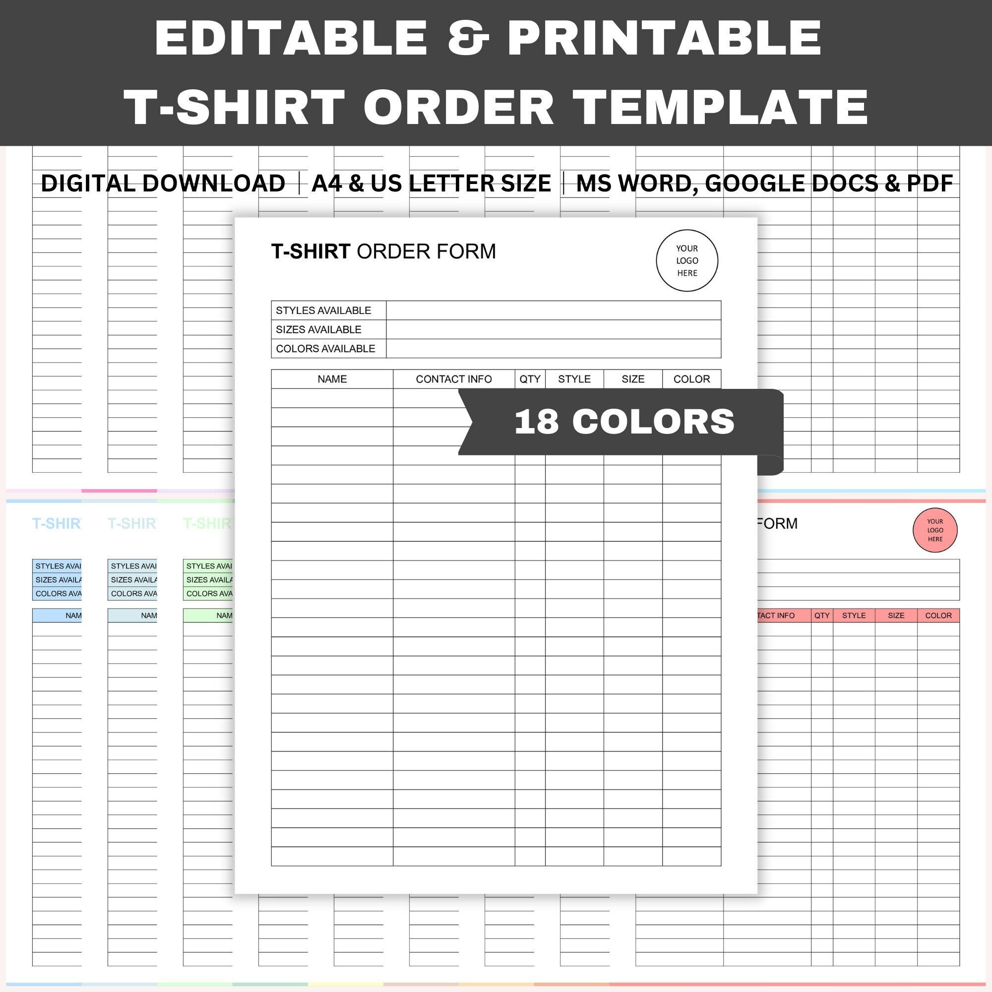 editable t-shirt order template, printable custom order form