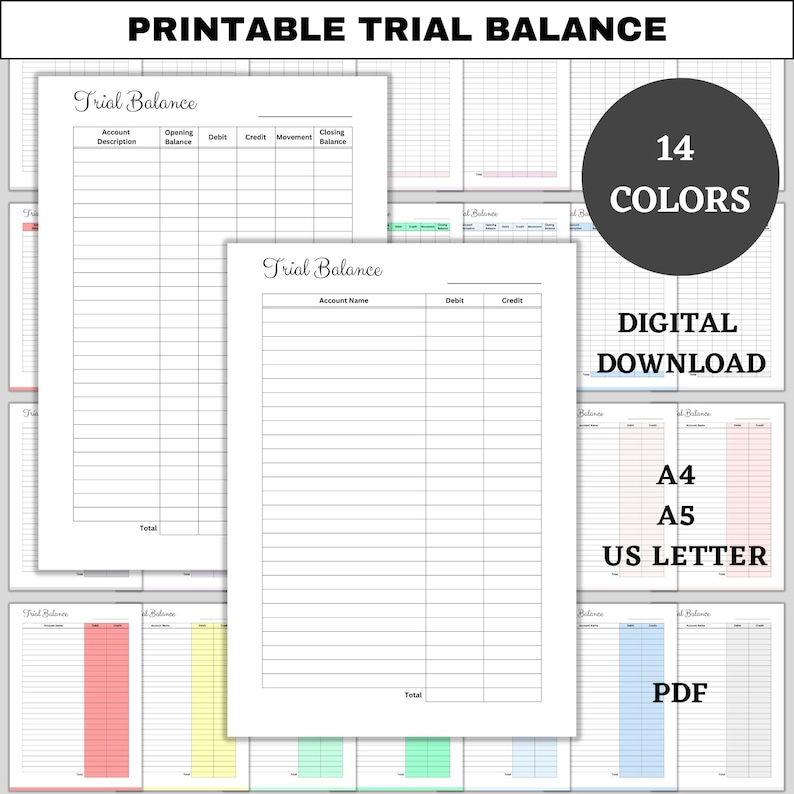 Printable Trial Balance, Accounting Sheet, Small Business Template ...