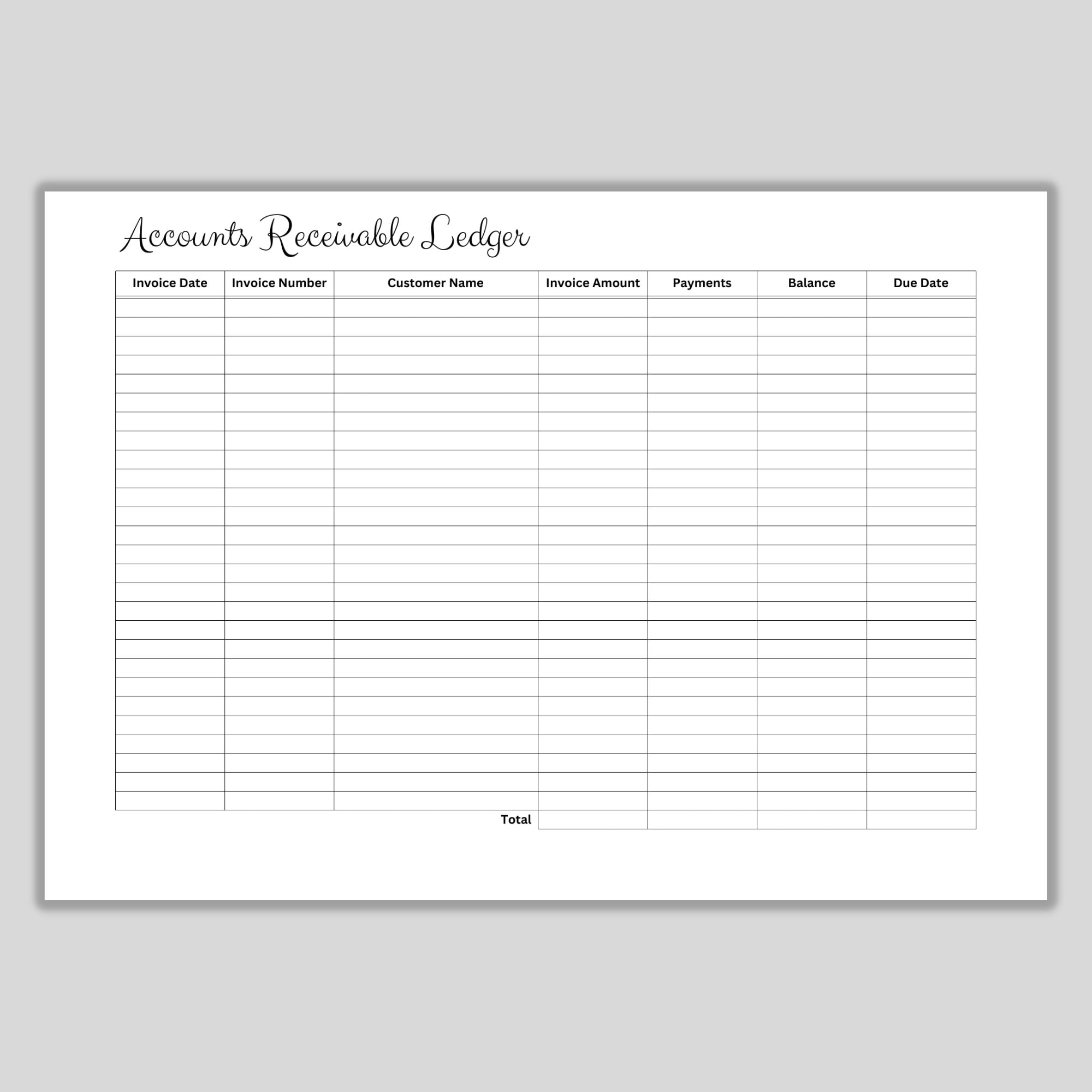 Printable Accounts Receivable Ledger, Small Business Template