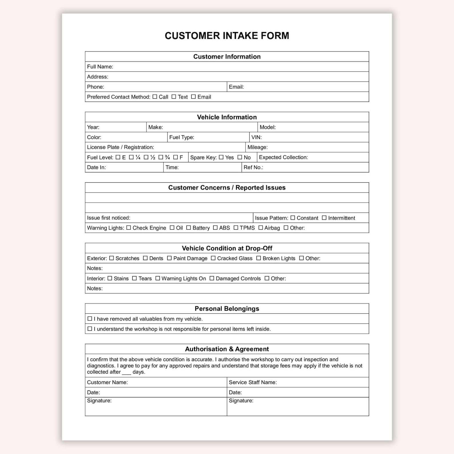 Editable Customer Intake Form, Printable Vehicle Check in Sheet, Garage ...