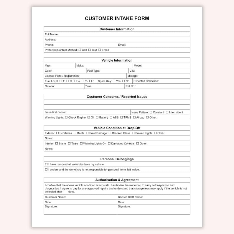 Vehicle Intake Form Pdf Editable Customer Intake Form, Printable Vehicle Check in Sheet, Garage ...