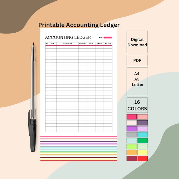Printable Accounting Ledger, Log for Credits and Debits, General Ledger Sheet and Money, Ledger For Small Business Owners, 16 Colors