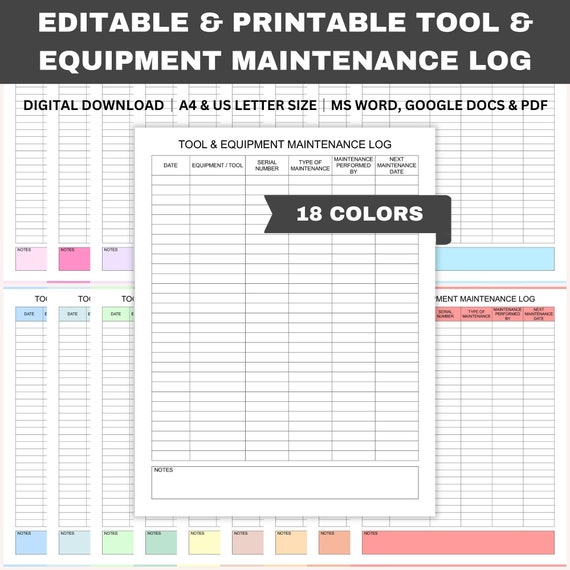 Editable Tool & Equipment Maintenance Log, Printable Equipment Repair Log, Service Log, Mechanical Tool Log, Word, GDocs, PDF, A4, Letter