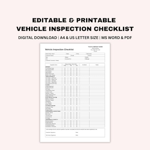 Editable Vehicle Inspection Checklist, Printable Auto Repair Template, Car Maintenance Form, Mechanic Service Sheet, Word, PDF, A4, Letter