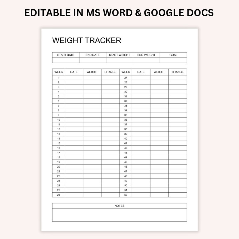 Editable & Printable 52 Week Weight Tracker, Weight Log, Weight Loss ...