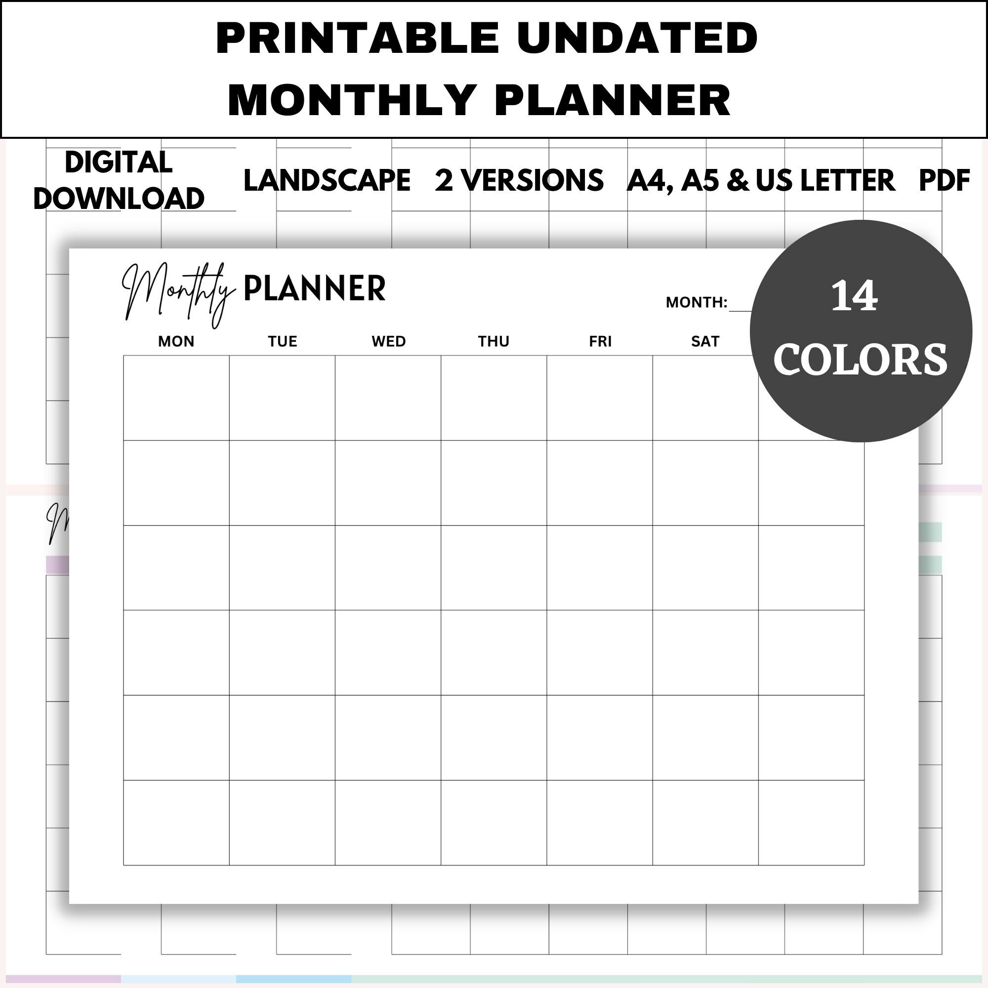 Printable Undated Monthly Planner, Monthly Calendar, Minimalist Planner ...