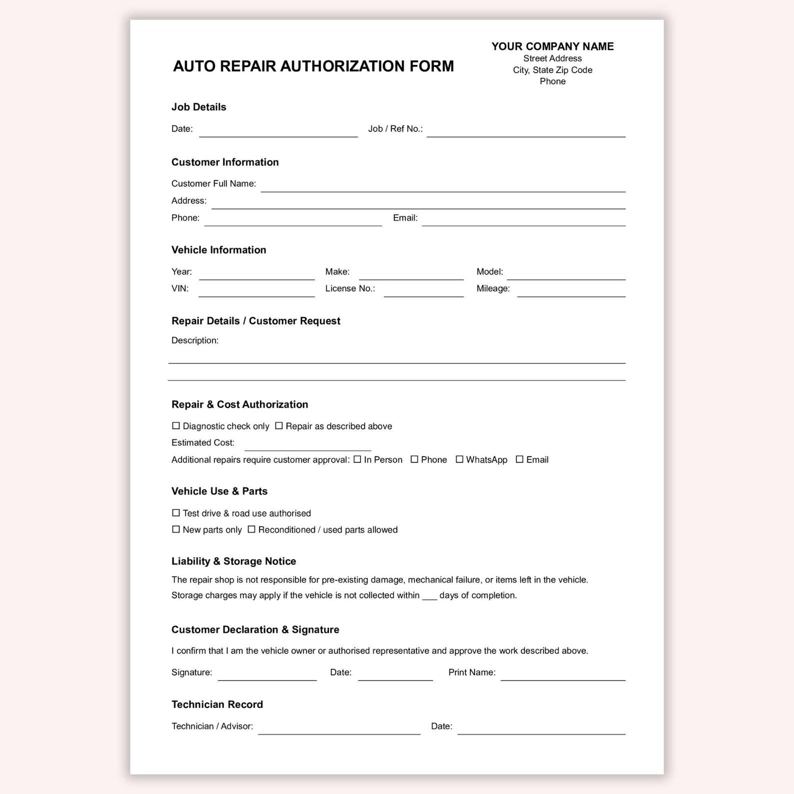 Editable Auto Repair Authorization Form, Printable Mechanic Work ...