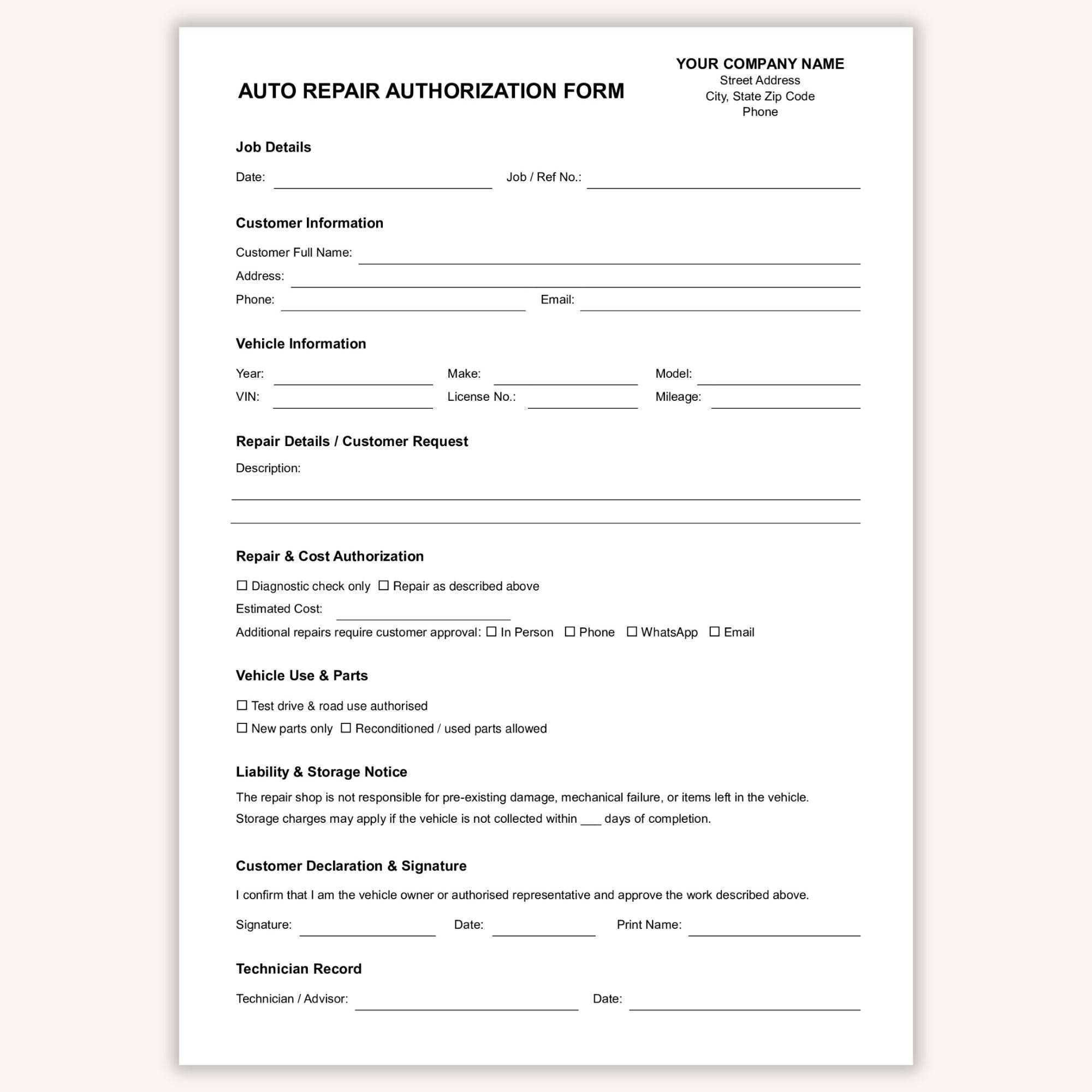 Editable Auto Repair Authorization Form, Printable Mechanic Work ...
