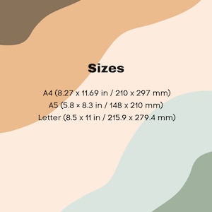 May include: A graphic with a peach, light brown, and light blue background with a white text overlay. The text reads "Sizes" and lists the following sizes: A4 (8.27 x 11.69 in / 210 x 297 mm), A5 (5.8 x 8.3 in / 148 x 210 mm), Letter (8.5 x 11 in / 215.9 x 279.4 mm).
