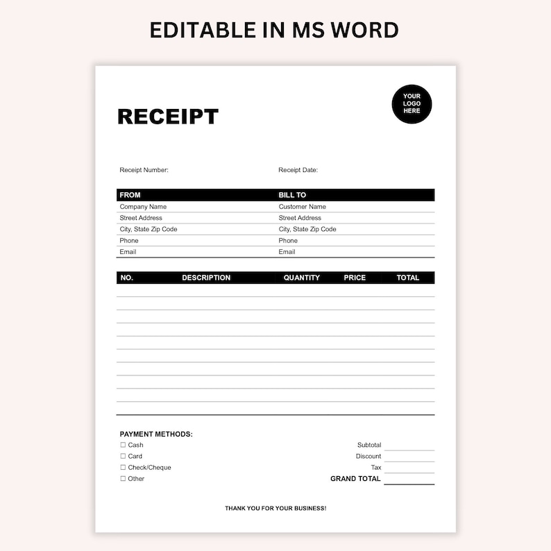 Editable Receipt Template, Business Receipt, Billing Template, Receipt