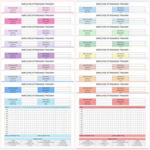 May include: A printable employee attendance tracker template with a colorful design. The template includes sections for employee name, position, start date, department, year, month, and daily attendance. It also includes sections for annual attendance total, annual absent total, and absence codes.