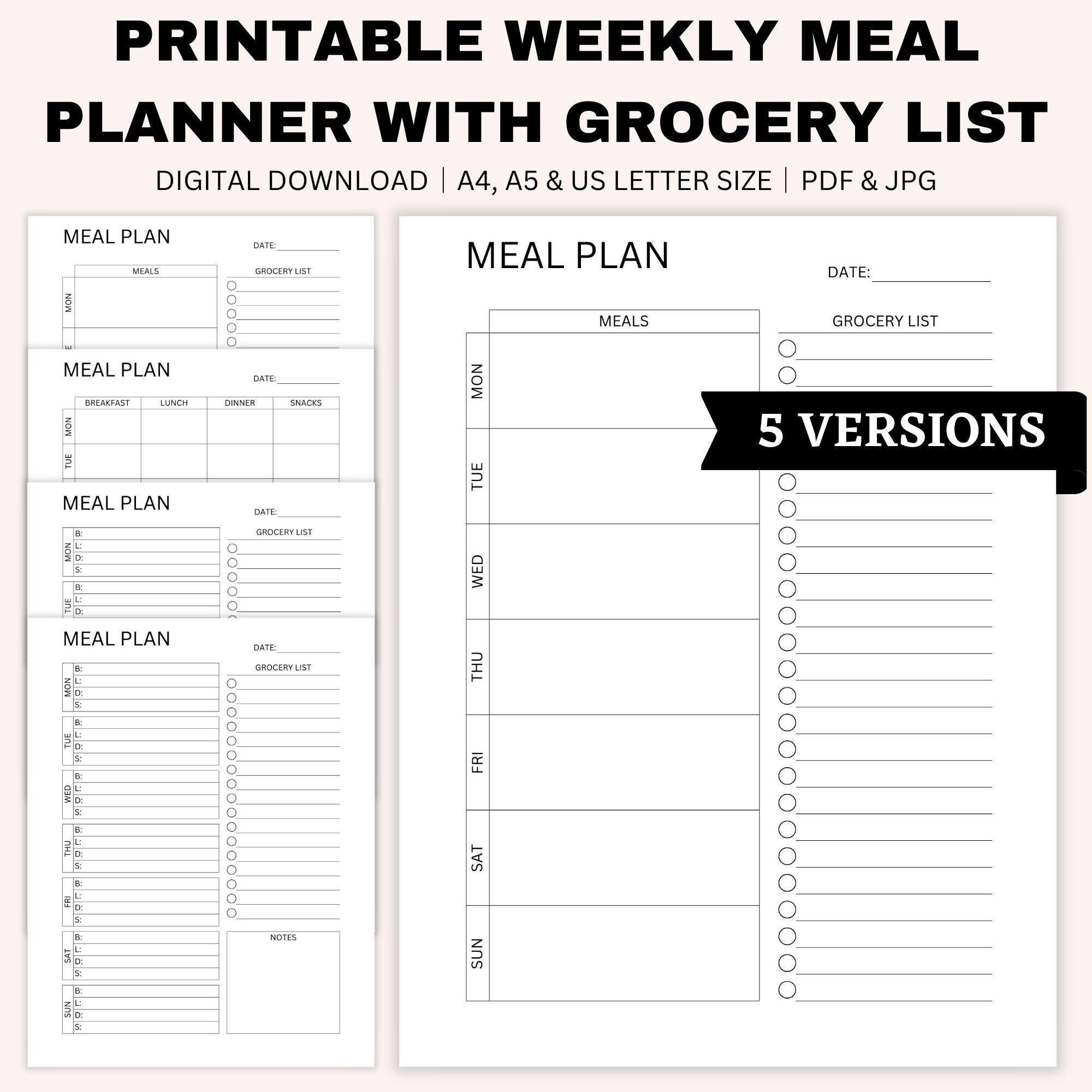 Printable Weekly Meal Planner with Grocery List, Shopping List, Grocery Planner, Meal Tracker, Grocery Checklist, A4, A5, US Letter Size