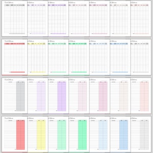 May include: A set of 20 printable trial balance worksheets in various colors, including red, yellow, green, blue, gray, and purple. Each worksheet has columns for account name, debit, credit, and balance.