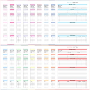 Pu&ograve; includere: Un modello di verbale di riunione stampabile su due pagine. La pagina superiore ha uno sfondo blu chiaro e la pagina inferiore ha uno sfondo rosa. Ogni pagina include una sezione per i dettagli della riunione, i partecipanti, i punti all'ordine del giorno, le note della riunione e i punti di azione. Il modello &egrave; progettato per aiutarti a tenere traccia delle tue riunioni e assicurarti che tutti siano sulla stessa pagina.