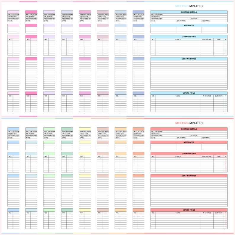 Pu&ograve; includere: Un modello di verbale di riunione stampabile su due pagine. La pagina superiore ha uno sfondo blu chiaro e la pagina inferiore ha uno sfondo rosa. Ogni pagina include una sezione per i dettagli della riunione, i partecipanti, i punti all'ordine del giorno, le note della riunione e i punti di azione. Il modello &egrave; progettato per aiutarti a tenere traccia delle tue riunioni e assicurarti che tutti siano sulla stessa pagina.