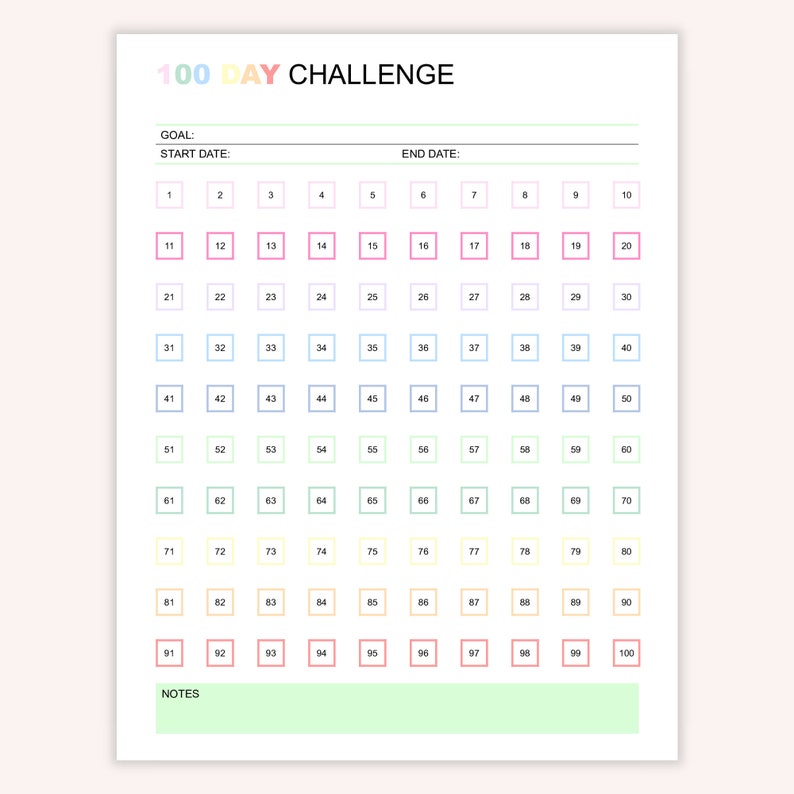 Editable 100 Day Challenge Tracker, 100 Day Goal Progress Tracker ...
