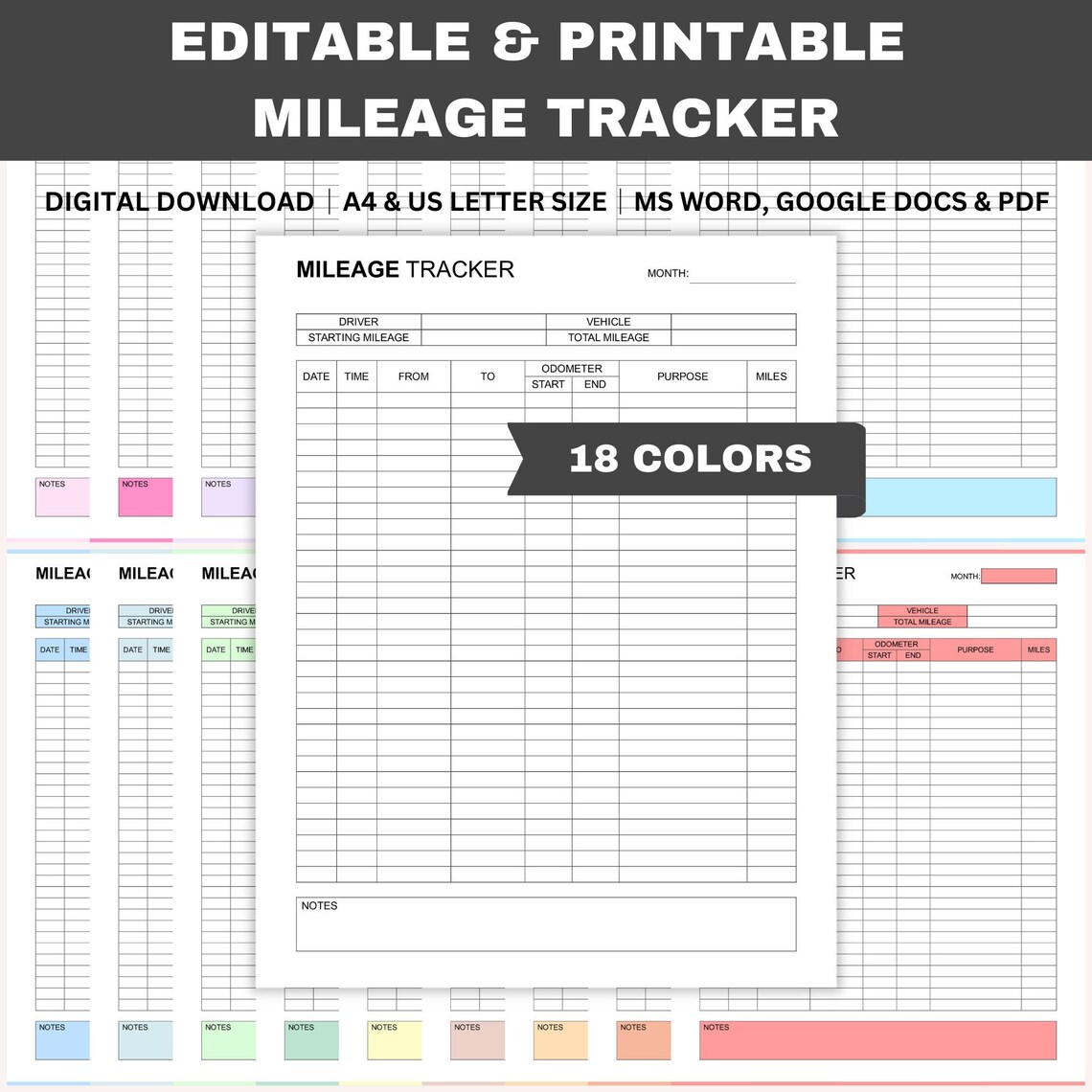 Editable Mileage Tracker, Printable Mileage Log, Work Mileage, Monthly Mileage Report Form ...