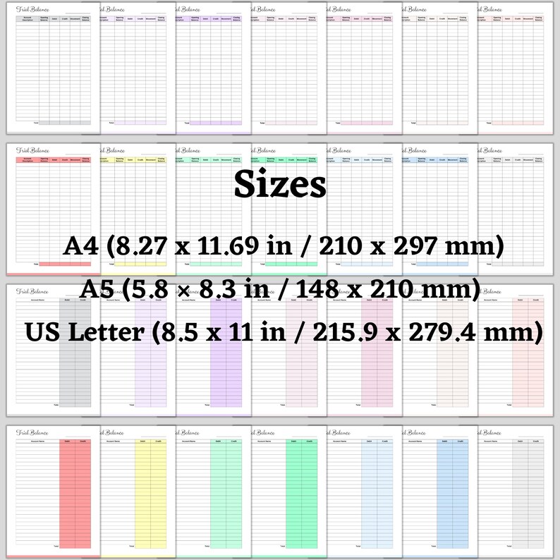 May include: A set of printable budget tracker sheets in various colors, including pink, yellow, green, blue, and gray. The sheets are designed for use with A4, A5, and US Letter paper sizes. The image shows the dimensions of each paper size in inches and millimeters.