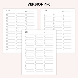 Op de afbeelding: Drie afdrukbare checklistpagina's met het woord "LIST" en "DATE" bovenaan elke pagina. Elke pagina heeft 25 lege regels met een cirkel naast elke regel.