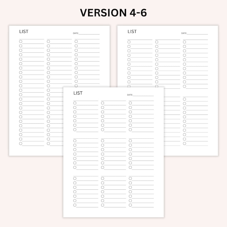 Op de afbeelding: Drie afdrukbare checklistpagina's met het woord "LIST" en "DATE" bovenaan elke pagina. Elke pagina heeft 25 lege regels met een cirkel naast elke regel.