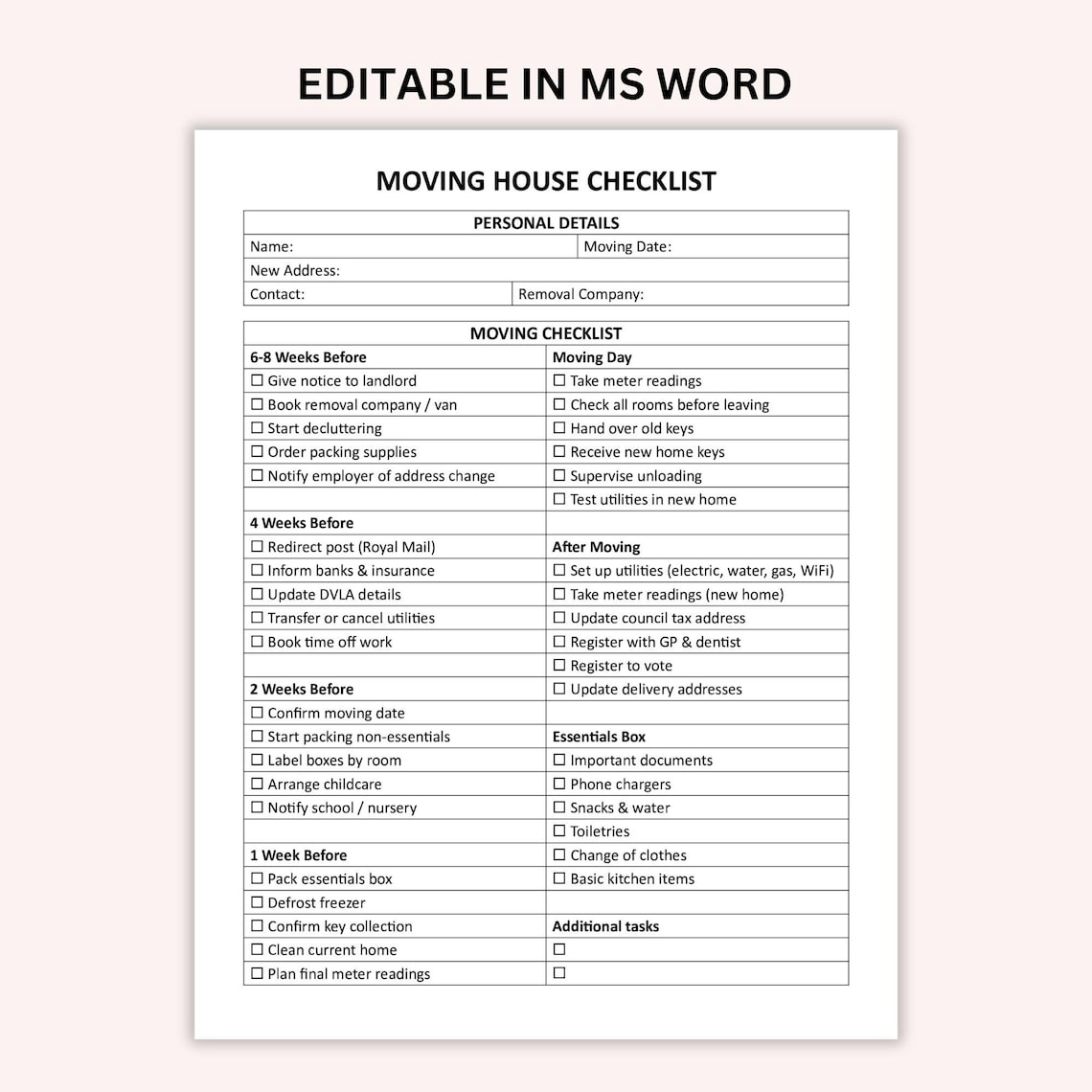 Editable Moving House Checklist UK, Printable Home Moving Planner
