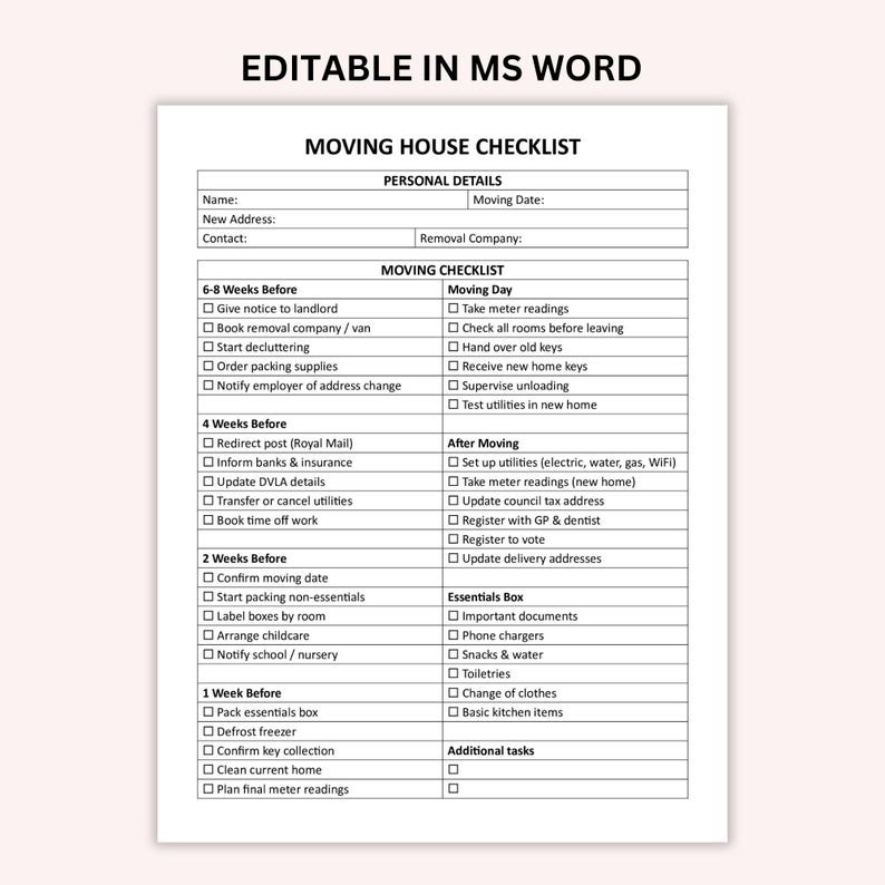Editable Moving House Checklist UK, Printable Home Moving Planner ...