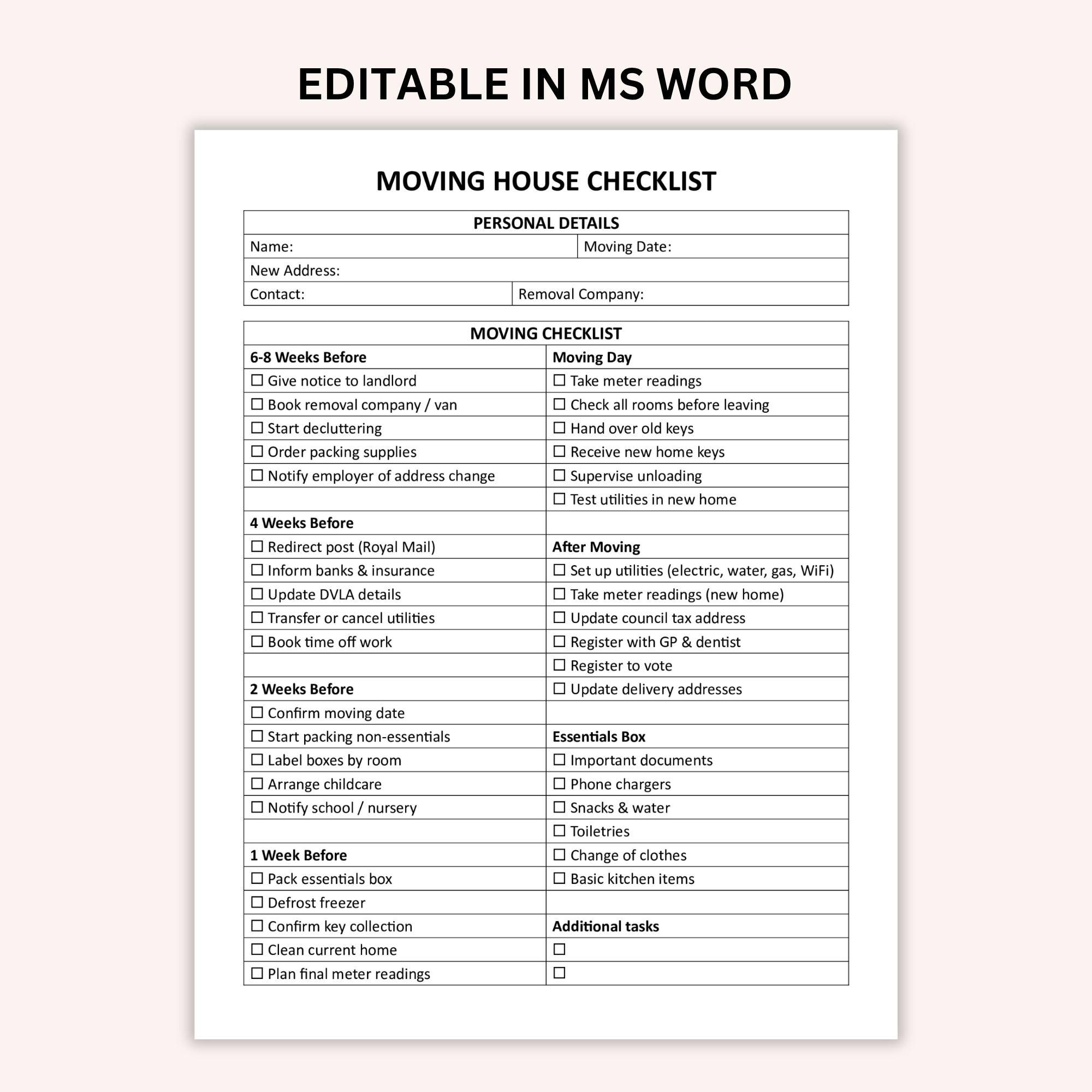 Editable Moving House Checklist UK, Printable Home Moving Planner ...
