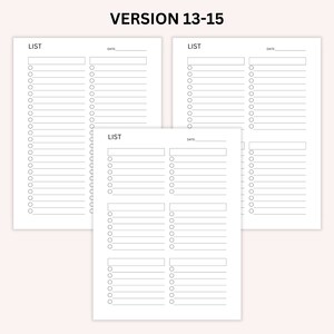 Op de afbeelding: Drie afdrukbare checklistpagina's met het woord "LIST" en "DATE" bovenaan elke pagina. Elke pagina heeft 18 lege regels met een cirkel links van elke regel.