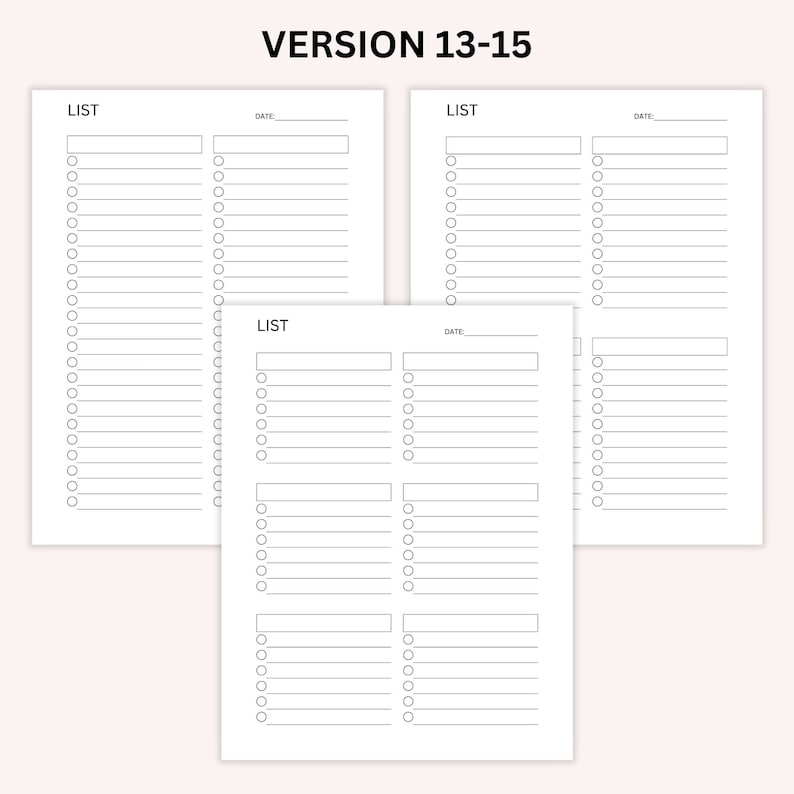 Op de afbeelding: Drie afdrukbare checklistpagina's met het woord "LIST" en "DATE" bovenaan elke pagina. Elke pagina heeft 18 lege regels met een cirkel links van elke regel.