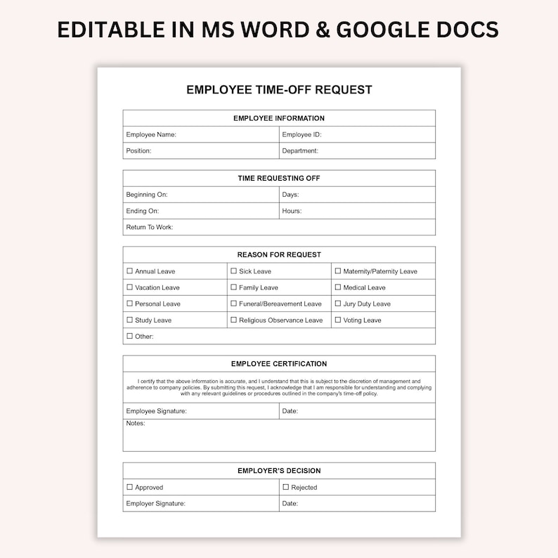 Request Off Guidelines Editable Employee Time-off Request Template, Printable Vacation Request ...