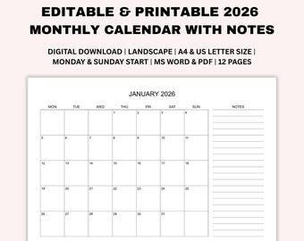 Calendario mensual 2026 con notas, planificador editable, calendario minimalista imprimible, plantilla de planificador, inicio lunes y domingo, tamaño A4, tamaño carta (EE. UU.)