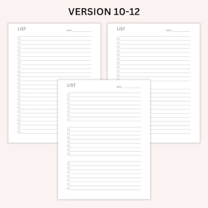 Op de afbeelding: Drie lege witte checklistpagina's met het woord "LIST" bovenaan en een regel voor de datum. Elke pagina heeft 20 cirkels om items af te vinken en 20 regels om te schrijven.