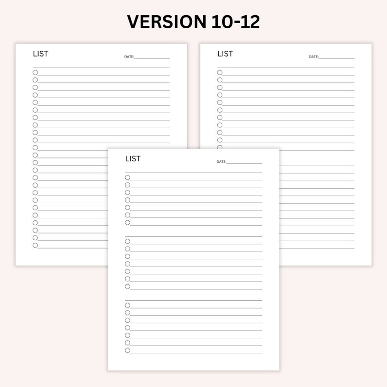 Op de afbeelding: Drie lege witte checklistpagina's met het woord "LIST" bovenaan en een regel voor de datum. Elke pagina heeft 20 cirkels om items af te vinken en 20 regels om te schrijven.