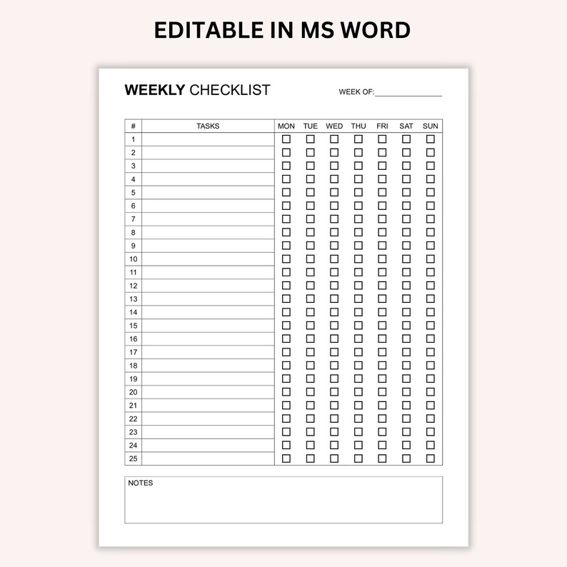 Editable Weekly Checklist, Printable Weekly to Do List, Weekly Task Planner, Weekly Target